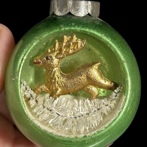 Blown Glass Indent Reindeer Pipe Cleaner Snow Diorama Christmas Ornament Germany - Picture 2 of 7